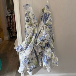 Zimmermann White Blue Green Floral Ruffle dress Natura Draped Mini